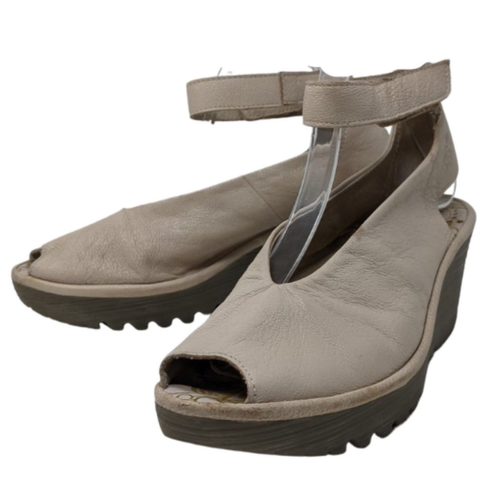 Fly London Yala Peep Toe  Beige Leather Ankle Strap Wedge Sandals Size 38